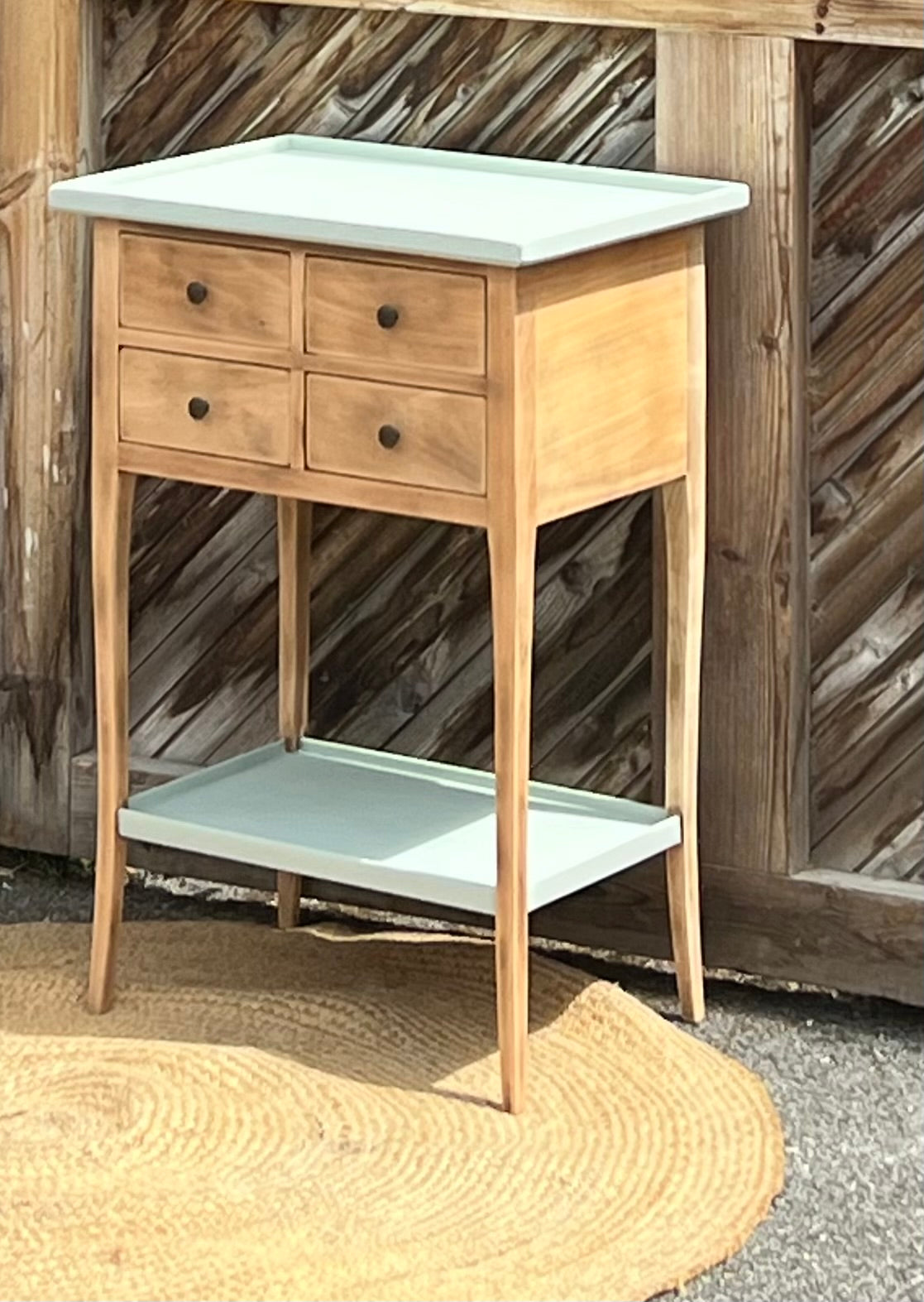 Console ancienne rénovée en bois brut et vert d’eau 4 tiroirs
