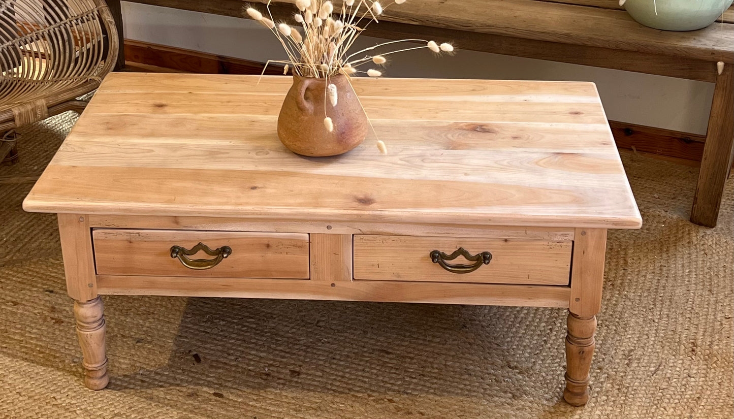 Table basse rénovée en bois massif brut 2 tiroirs coulissants + 1 rallonge