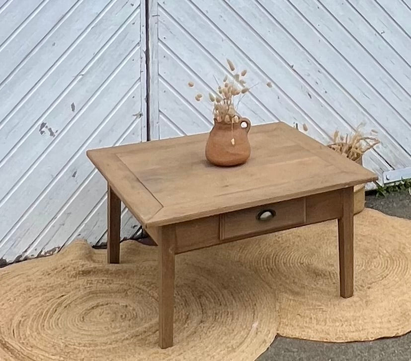 Table basse de ferme ancienne en bois massif brut 1 tiroir