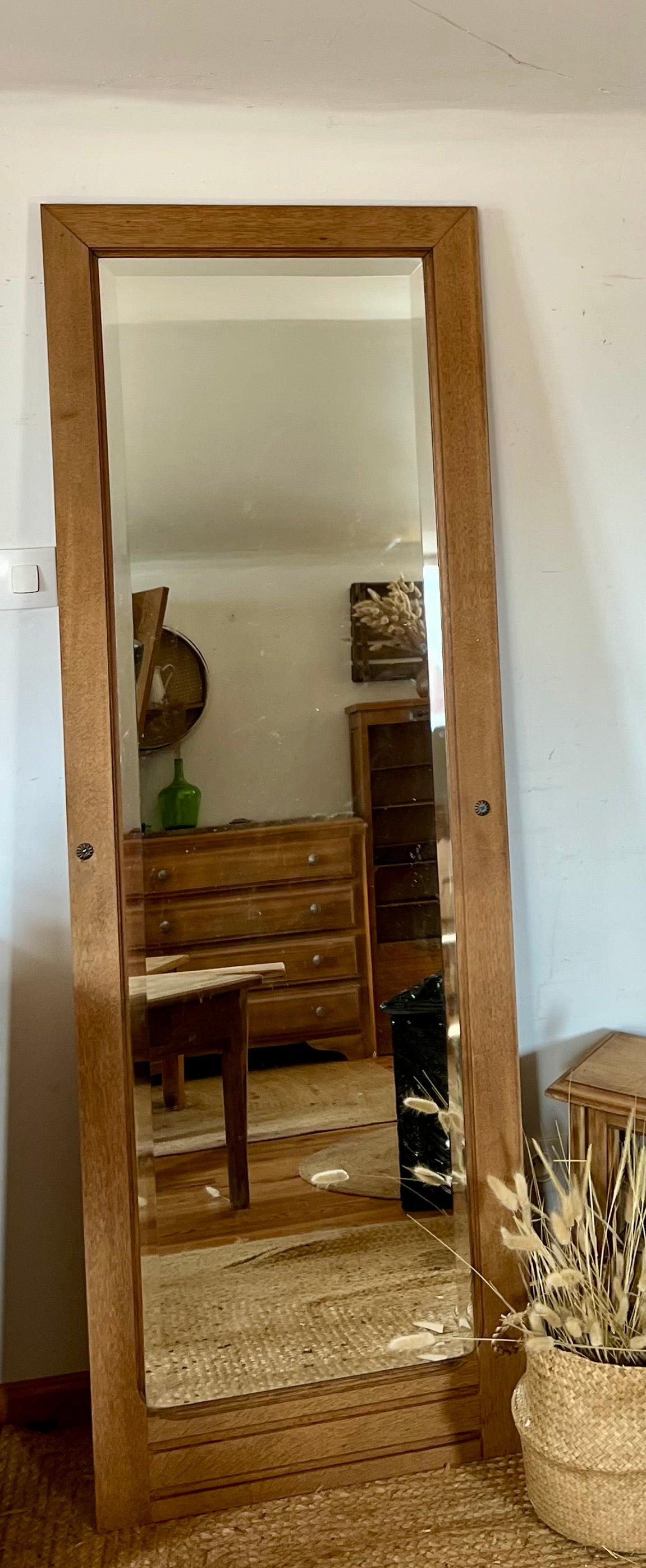 Grand miroir ancien en chêne massif brut