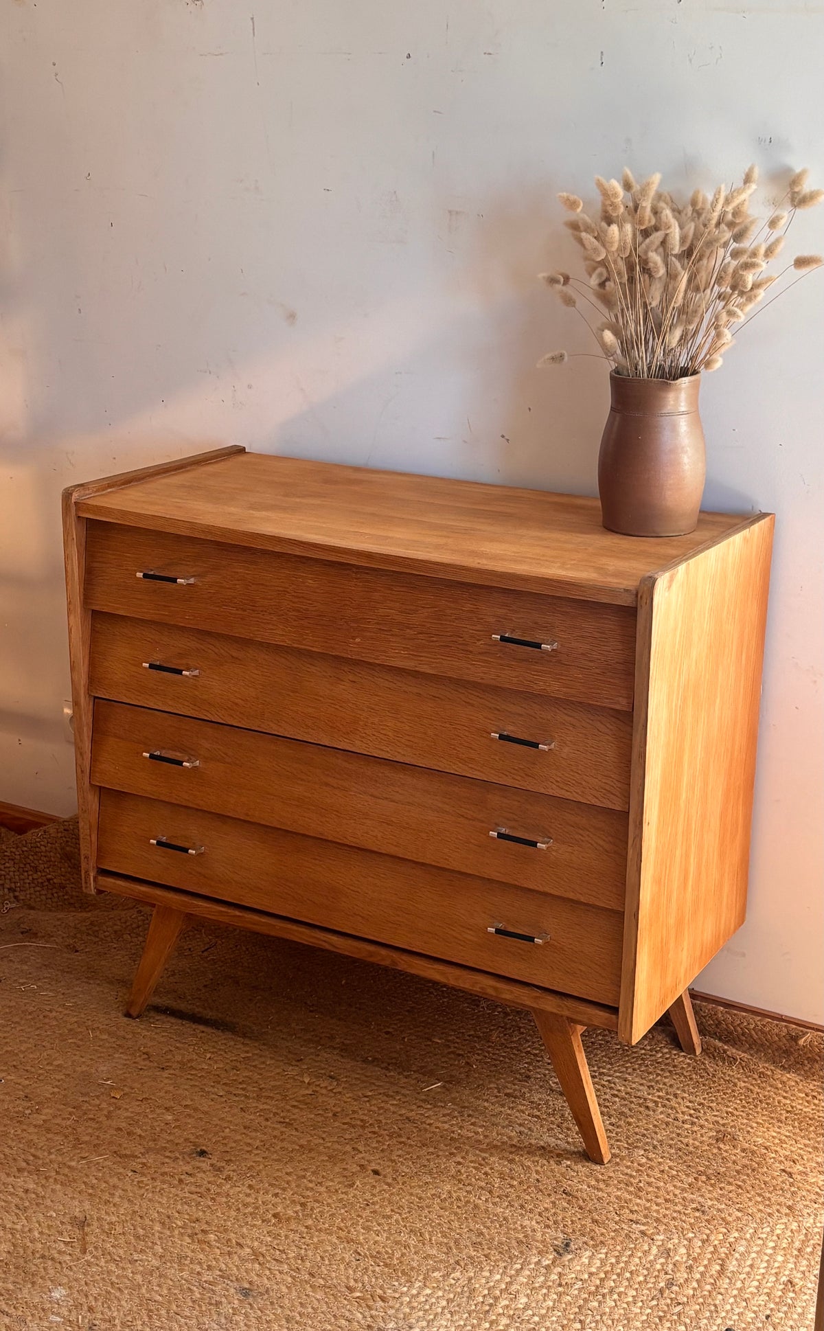 Commode vintage ancienne en chêne brut 4 tiroirs