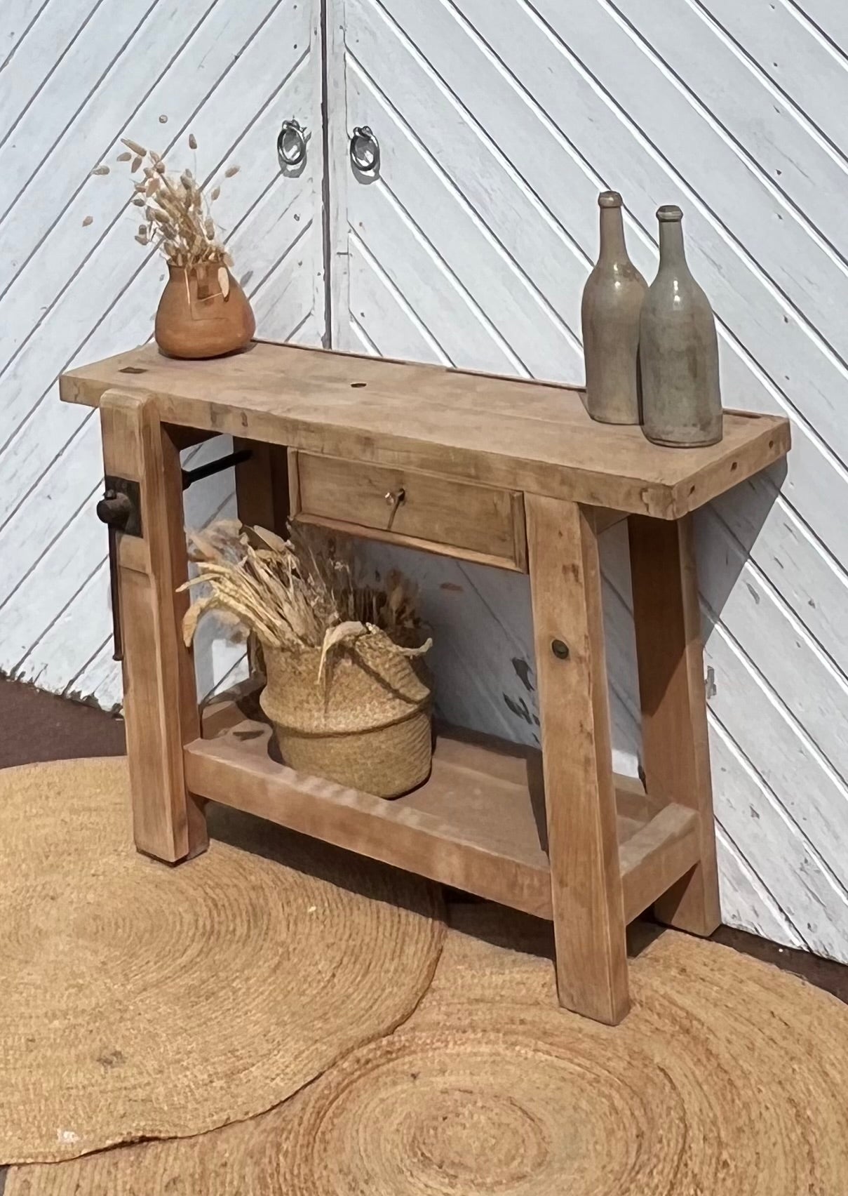Etabli ancien vintage en bois massif brut