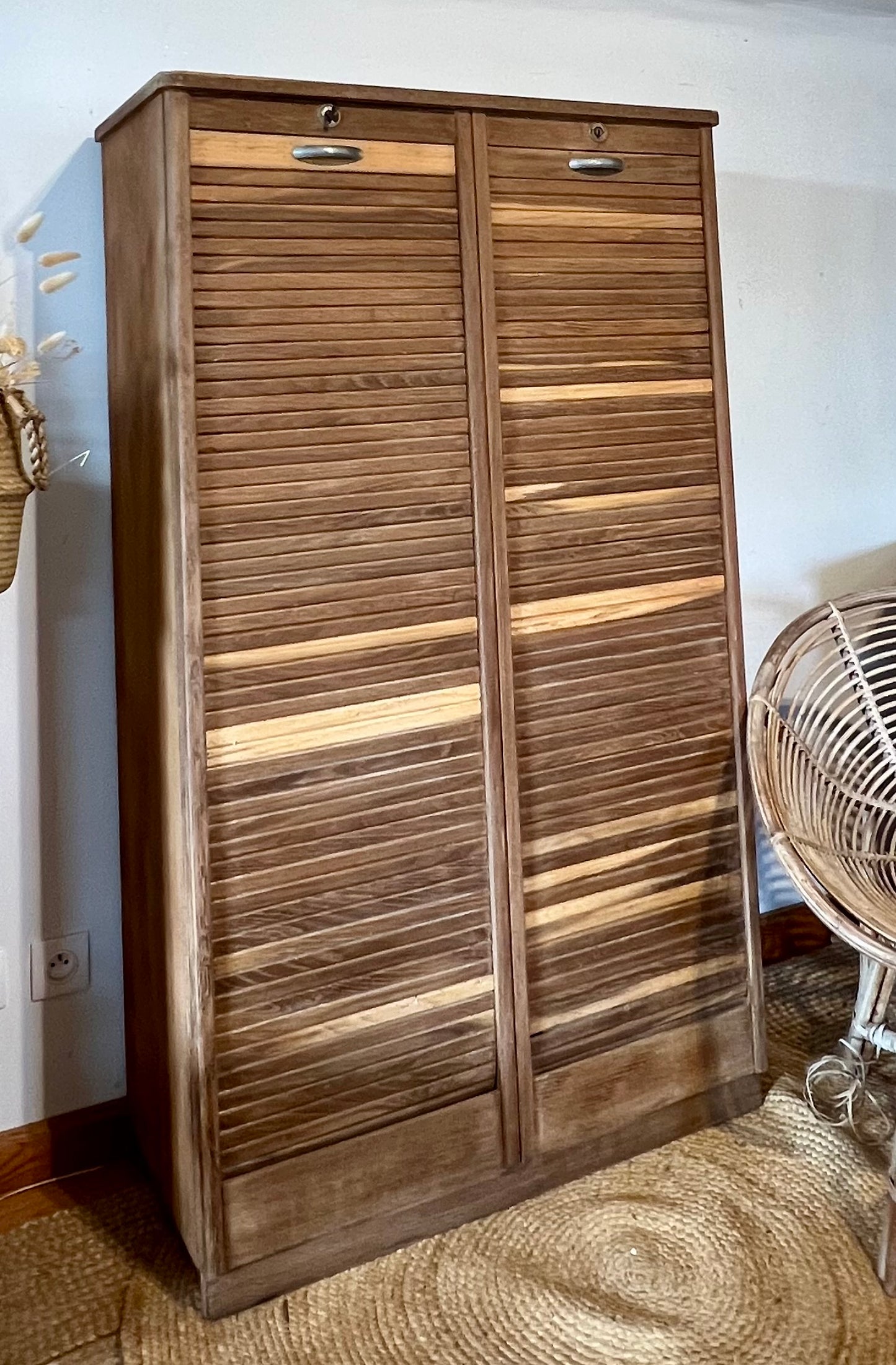 Classeur à rideau double vintage en chêne brut