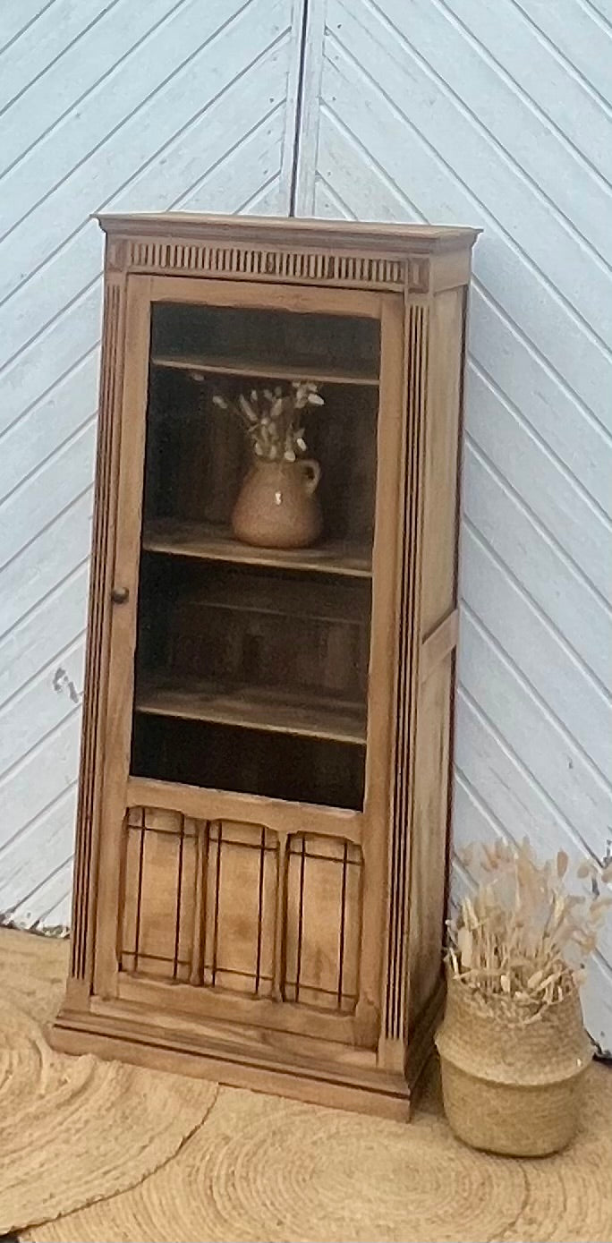 Petite armoire parisienne vitrée ancienne en bois brut