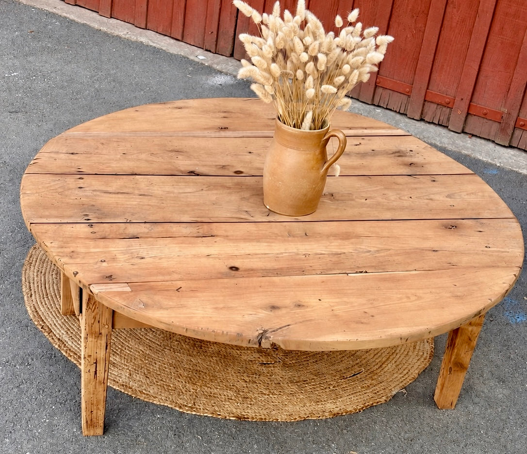 Table basse ronde ancienne 1 tiroir en bois massif brut