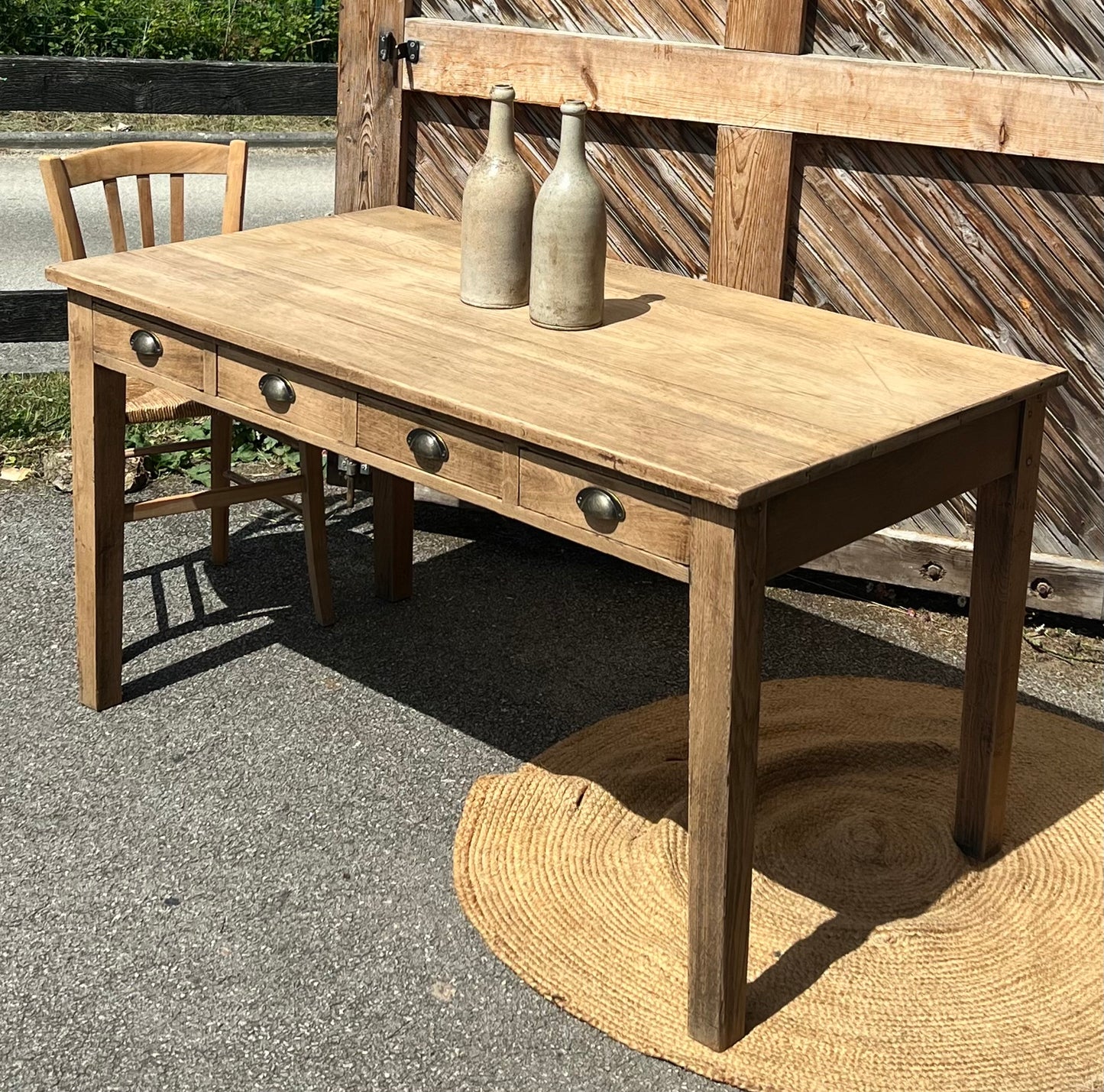 Table de ferme ancienne 6 personnes - 4 tiroirs en chêne massif brut / bureau