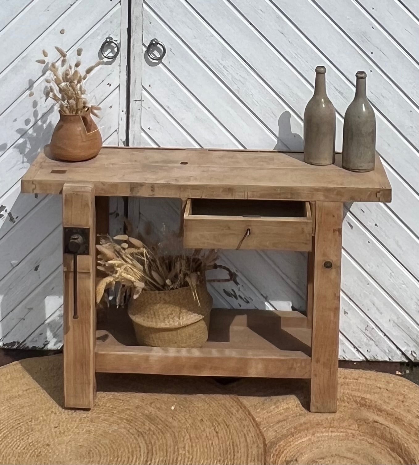 Etabli ancien vintage en bois massif brut