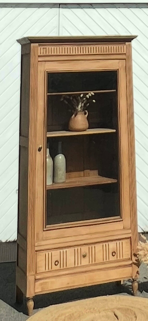 Armoire parisienne vitrée ancienne en bois massif brut 1 tiroir