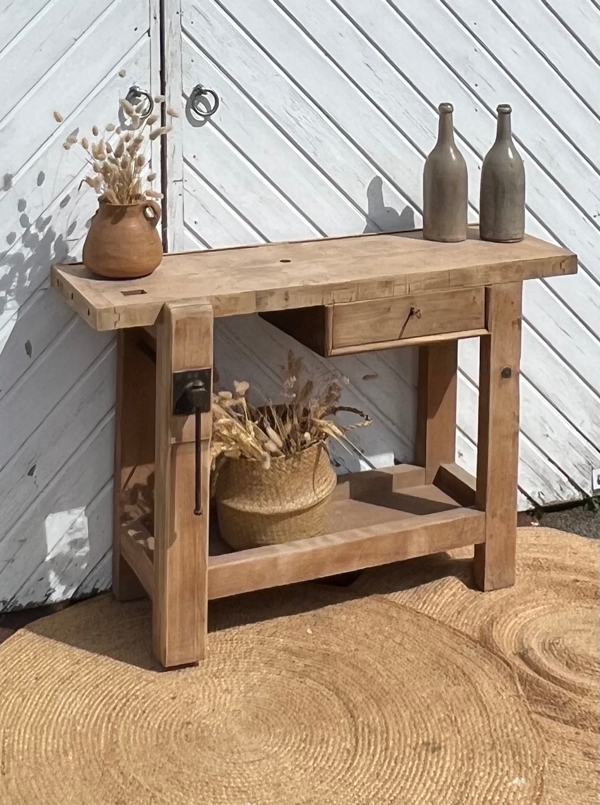 Etabli ancien vintage en bois massif brut