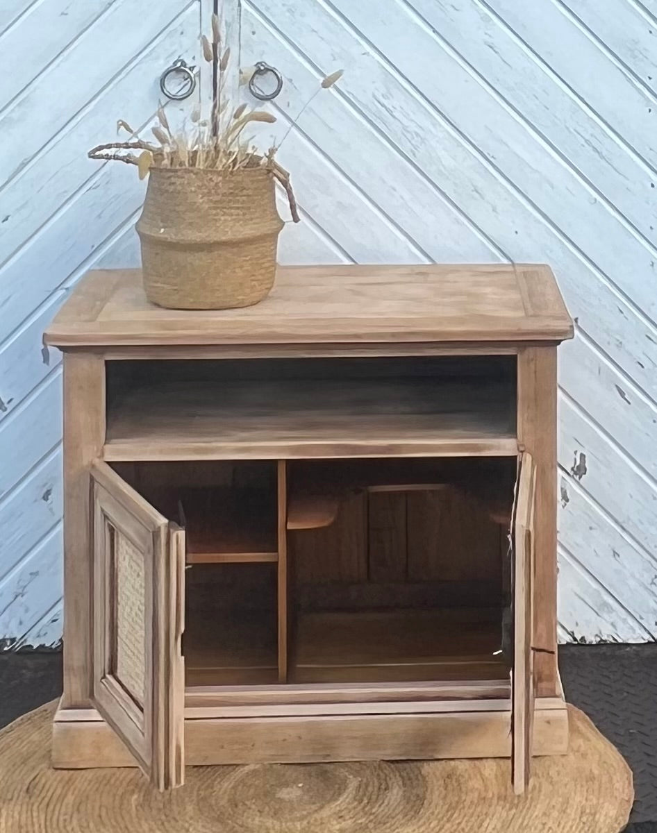 Meuble télé tv ancien en chêne massif brut et cannage