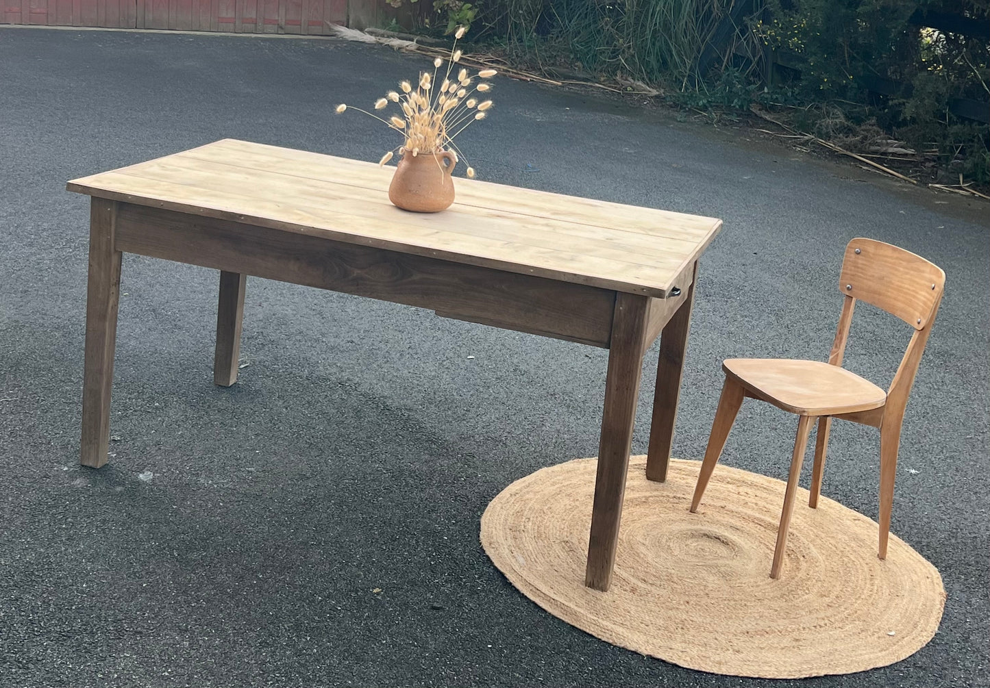 Table de ferme ancienne en bois massif brut 1 tiroir 8 personnes