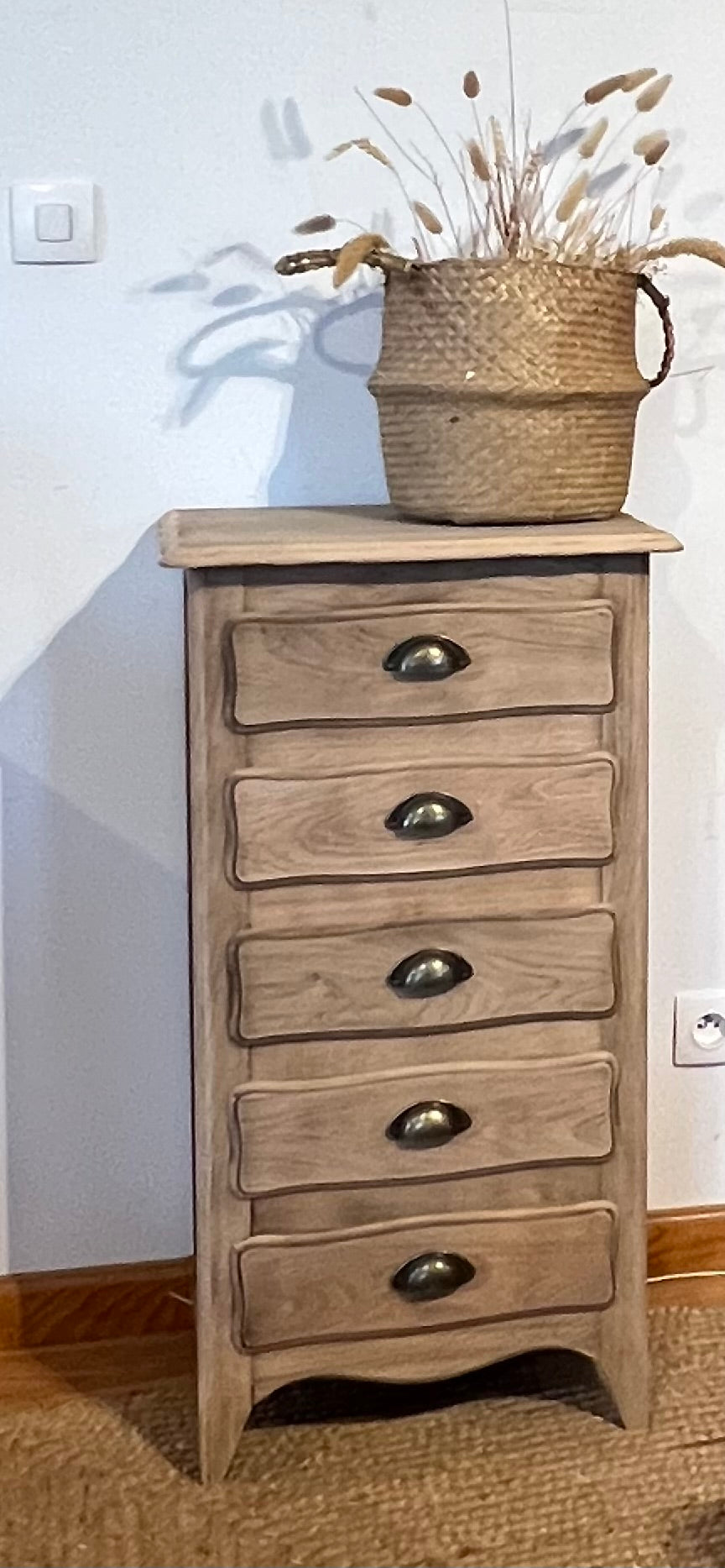 Chiffonnier ancien en chêne brut 5 tiroirs