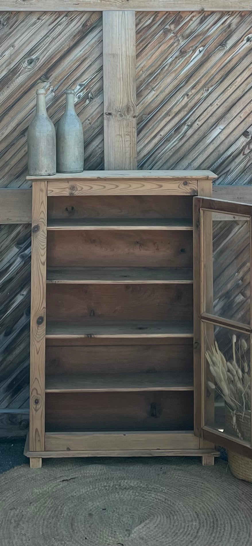 Bibus vitré étroit ancien - meuble d’entrée - bibliothèque en bois massif brut
