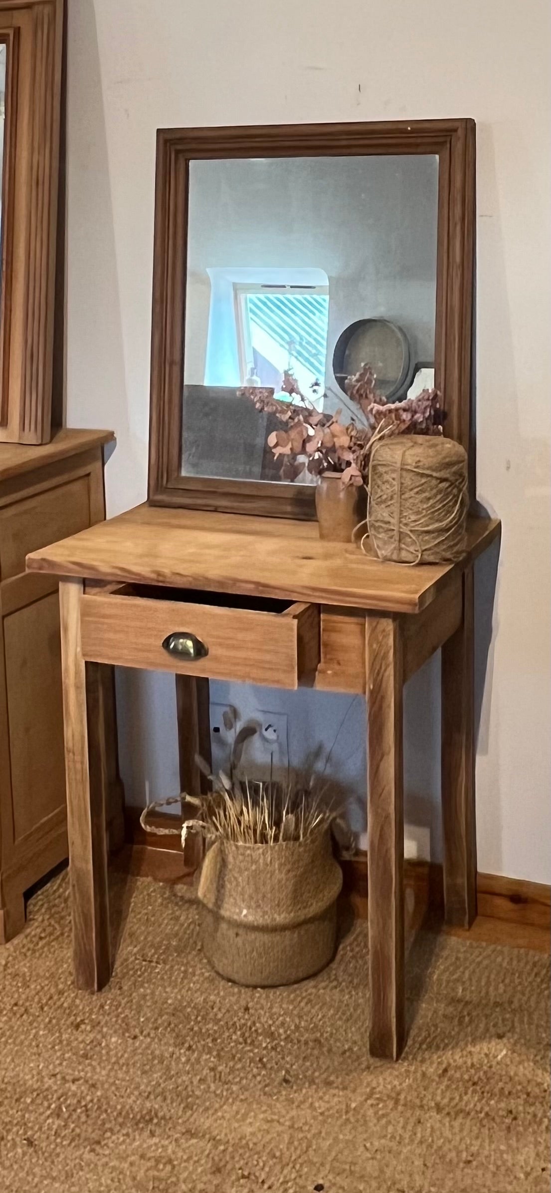Petite table de ferme ancienne / console / meuble vasque 1 tiroir en bois massif brut