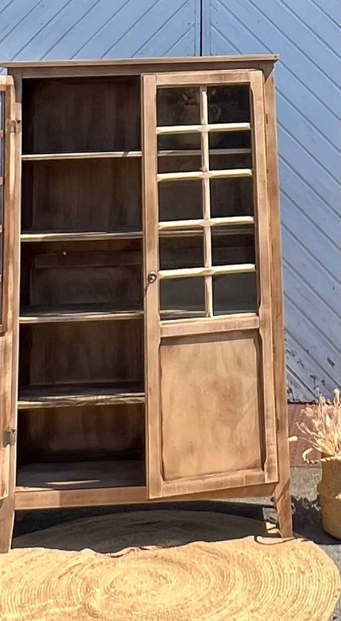 Armoire parisienne vitrée ancienne en bois brut - vaisselier bibliothèque