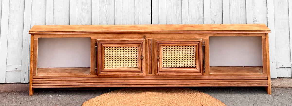Meuble télé tv enfilade ancien en bois massif brut et cannage