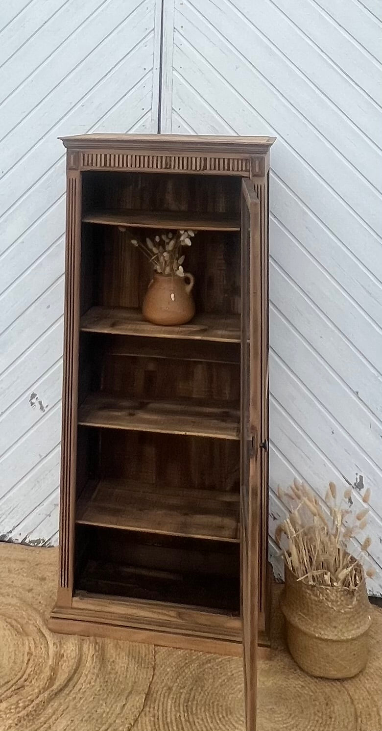 Petite armoire parisienne vitrée ancienne en bois brut