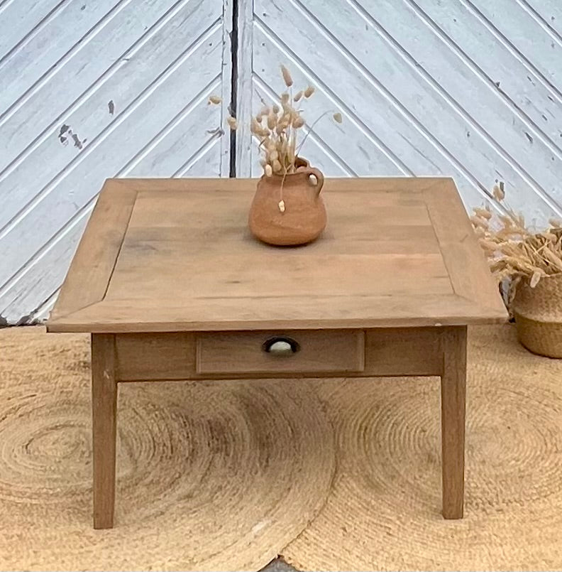 Table basse de ferme ancienne en bois massif brut 1 tiroir