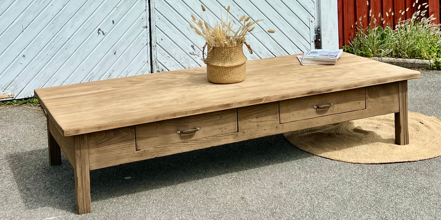 Grande table basse de ferme XXL en chêne massif brut 2 tiroirs