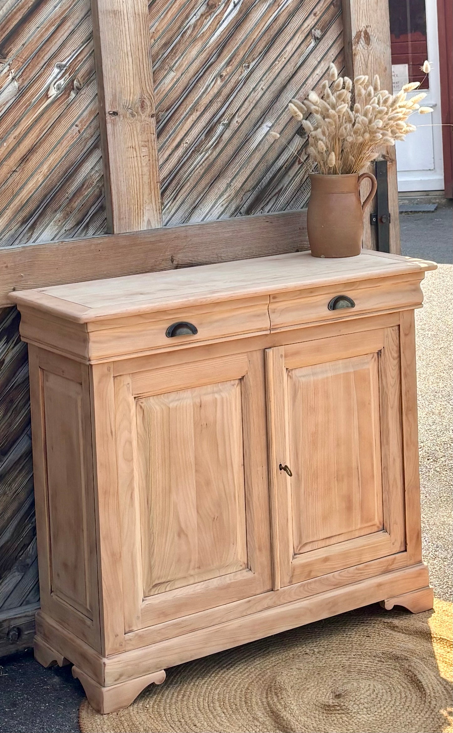 Buffet étroit rénové / console d’entrée 2 tiroirs en bois massif brut