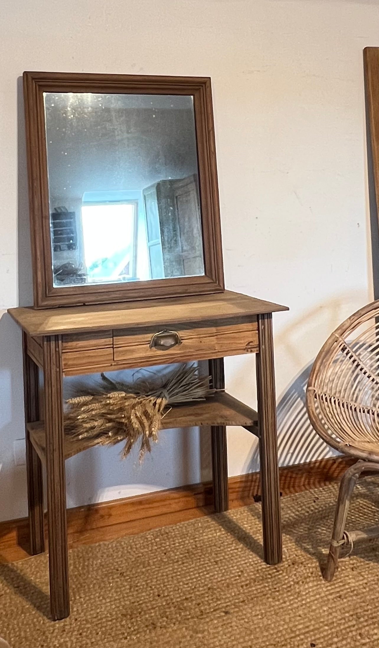 Console coiffeuse ancienne en chêne massif brut 1 tiroir