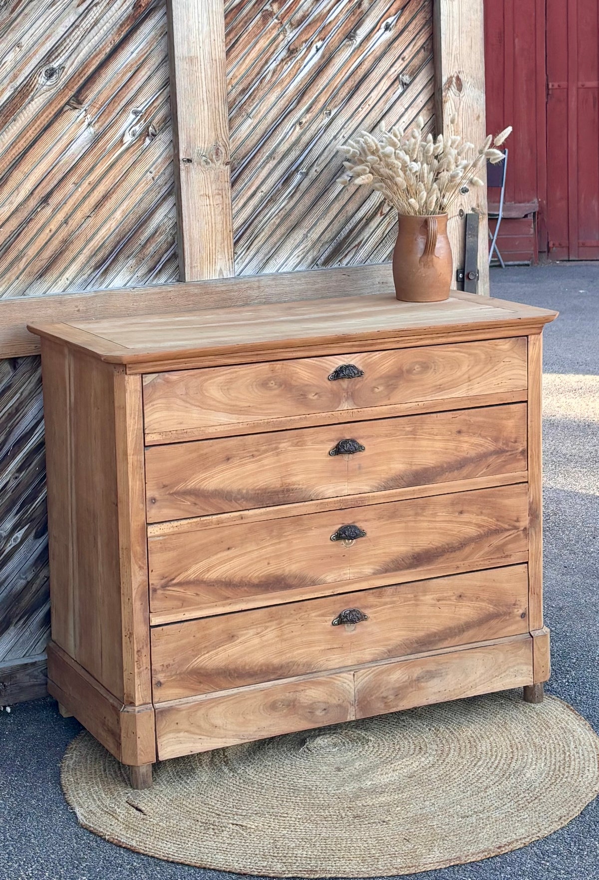 Grande commode ancienne en bois massif brut 4 tiroirs