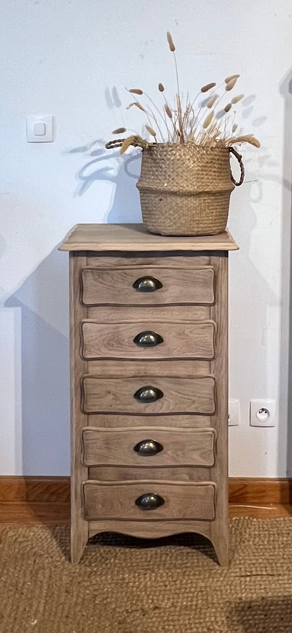 Chiffonnier ancien en chêne brut 5 tiroirs
