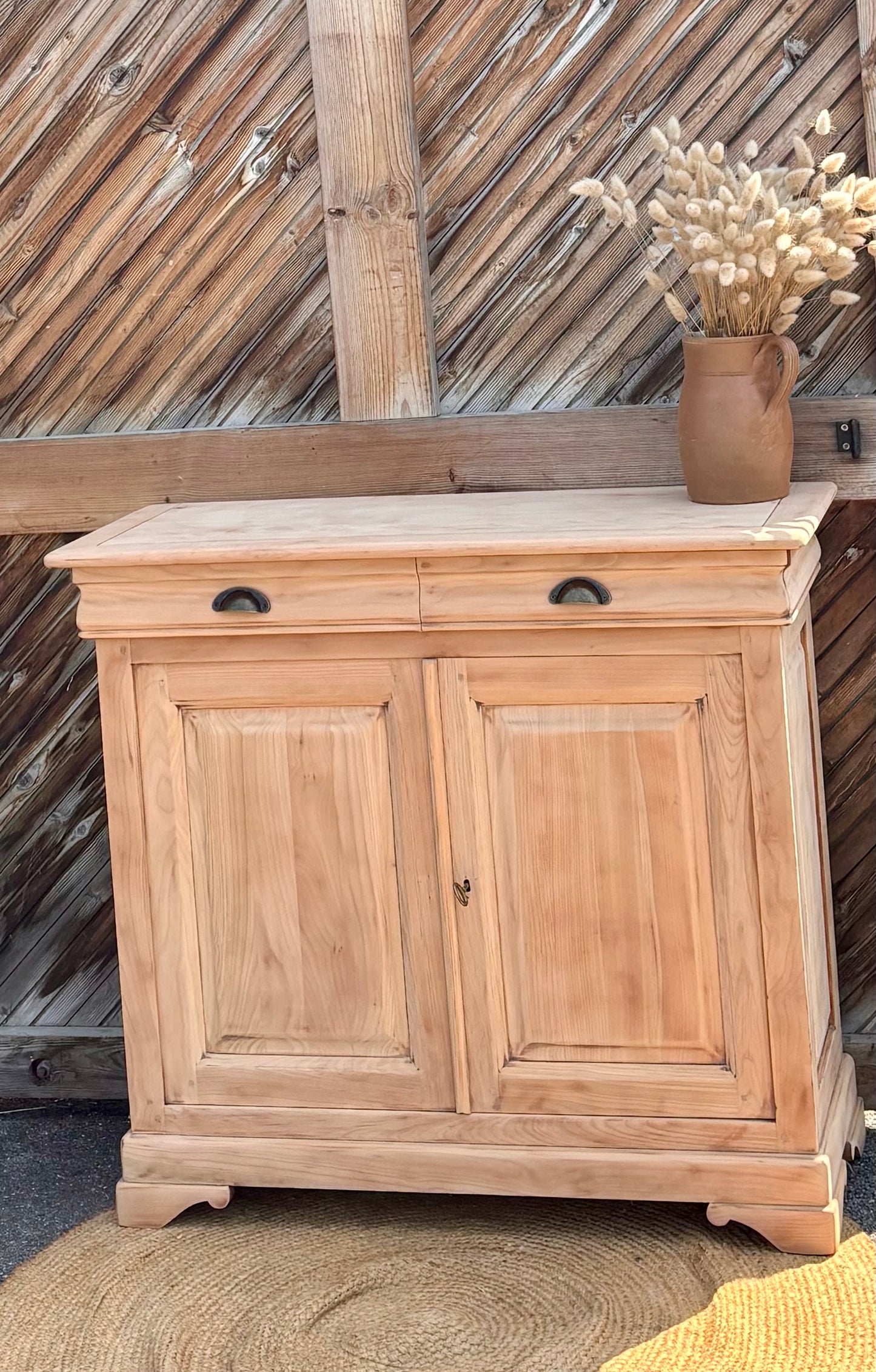 Buffet étroit rénové / console d’entrée 2 tiroirs en bois massif brut