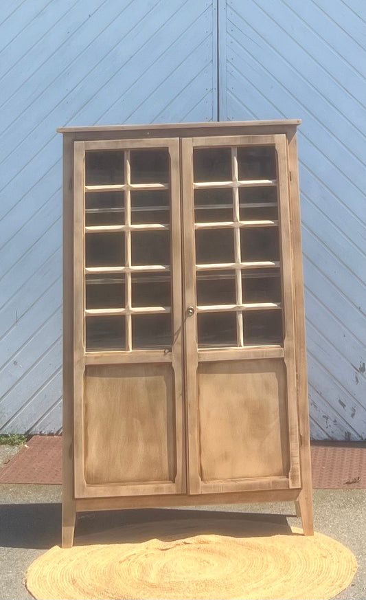 Armoire parisienne vitrée ancienne en bois brut - vaisselier bibliothèque