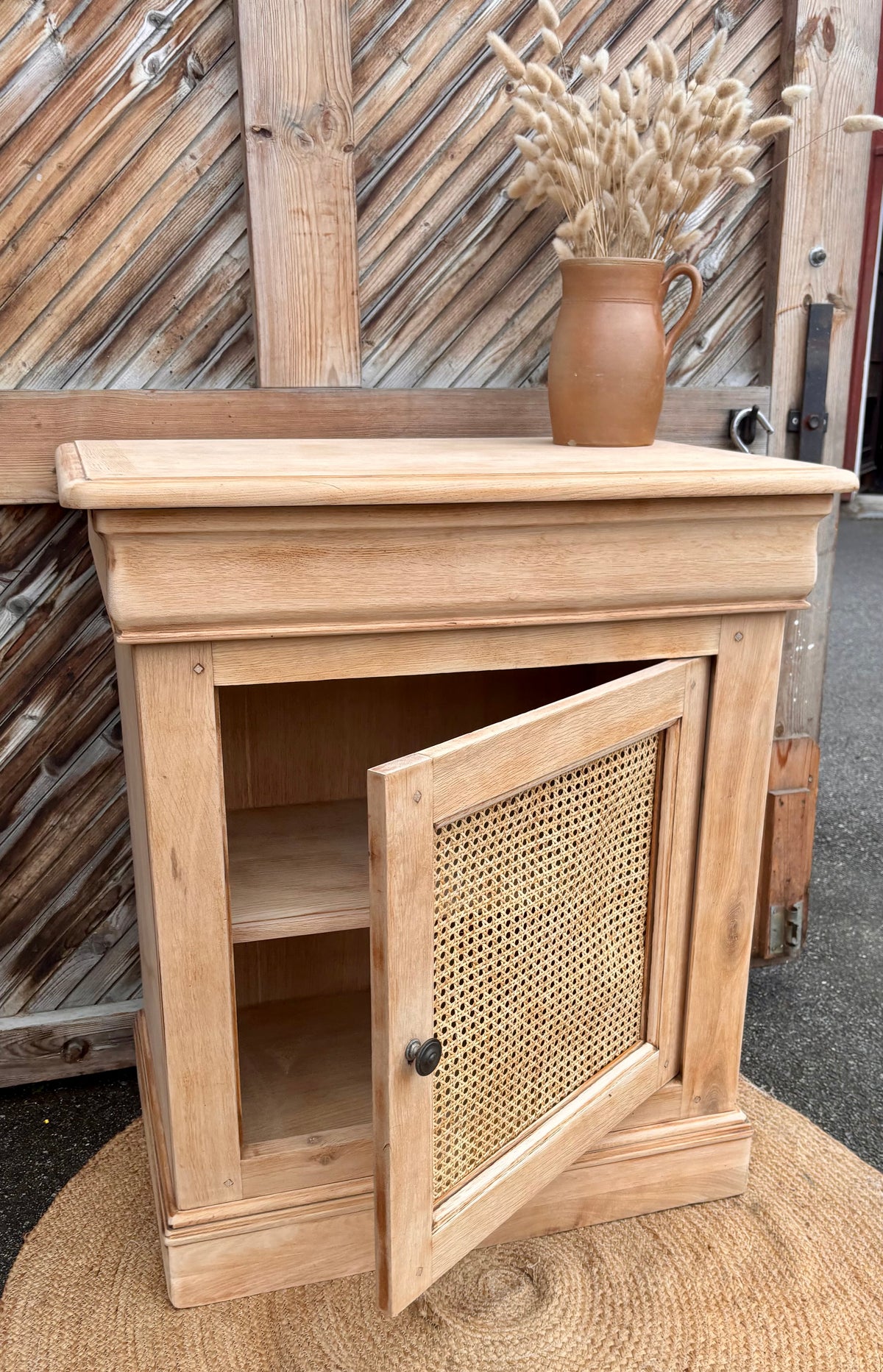 Buffet 1 tiroir 1 porte - meuble vasque - confiturier en chêne brut et cannage