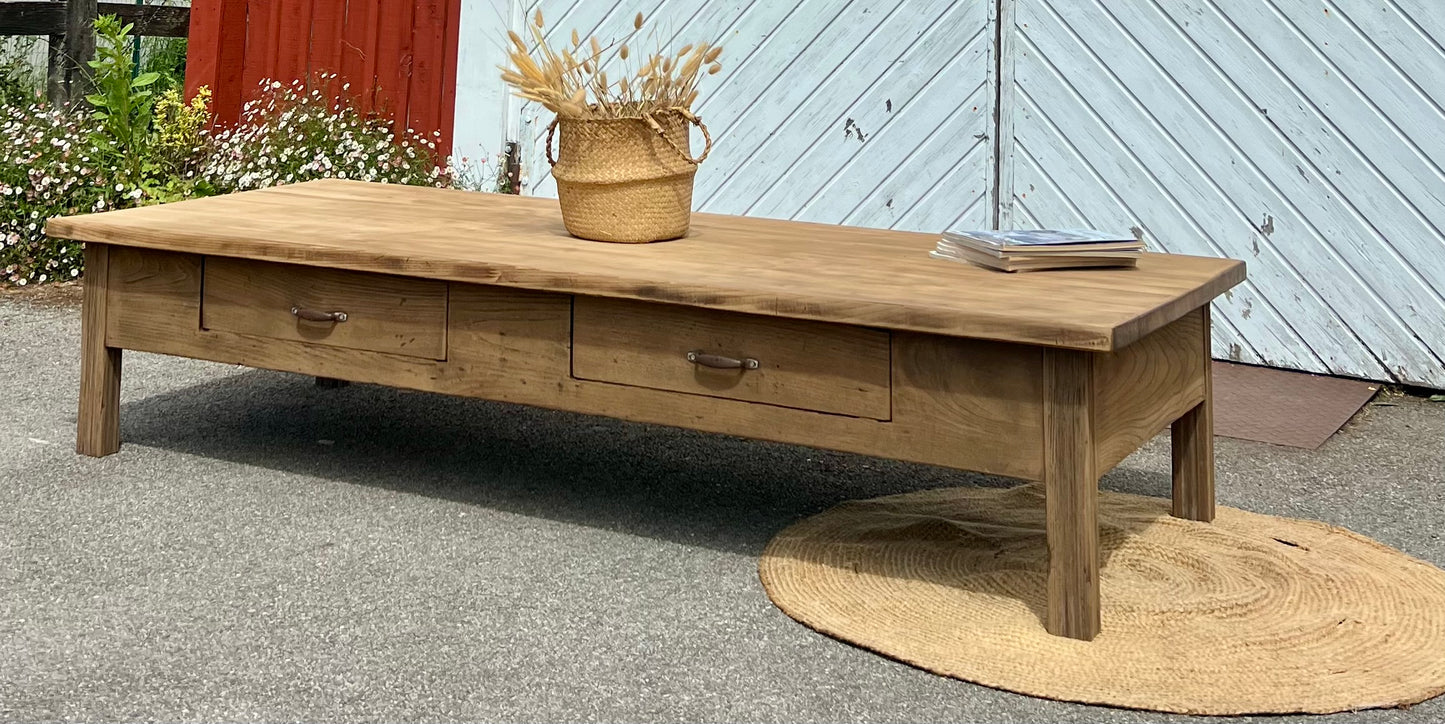 Grande table basse de ferme XXL en chêne massif brut 2 tiroirs