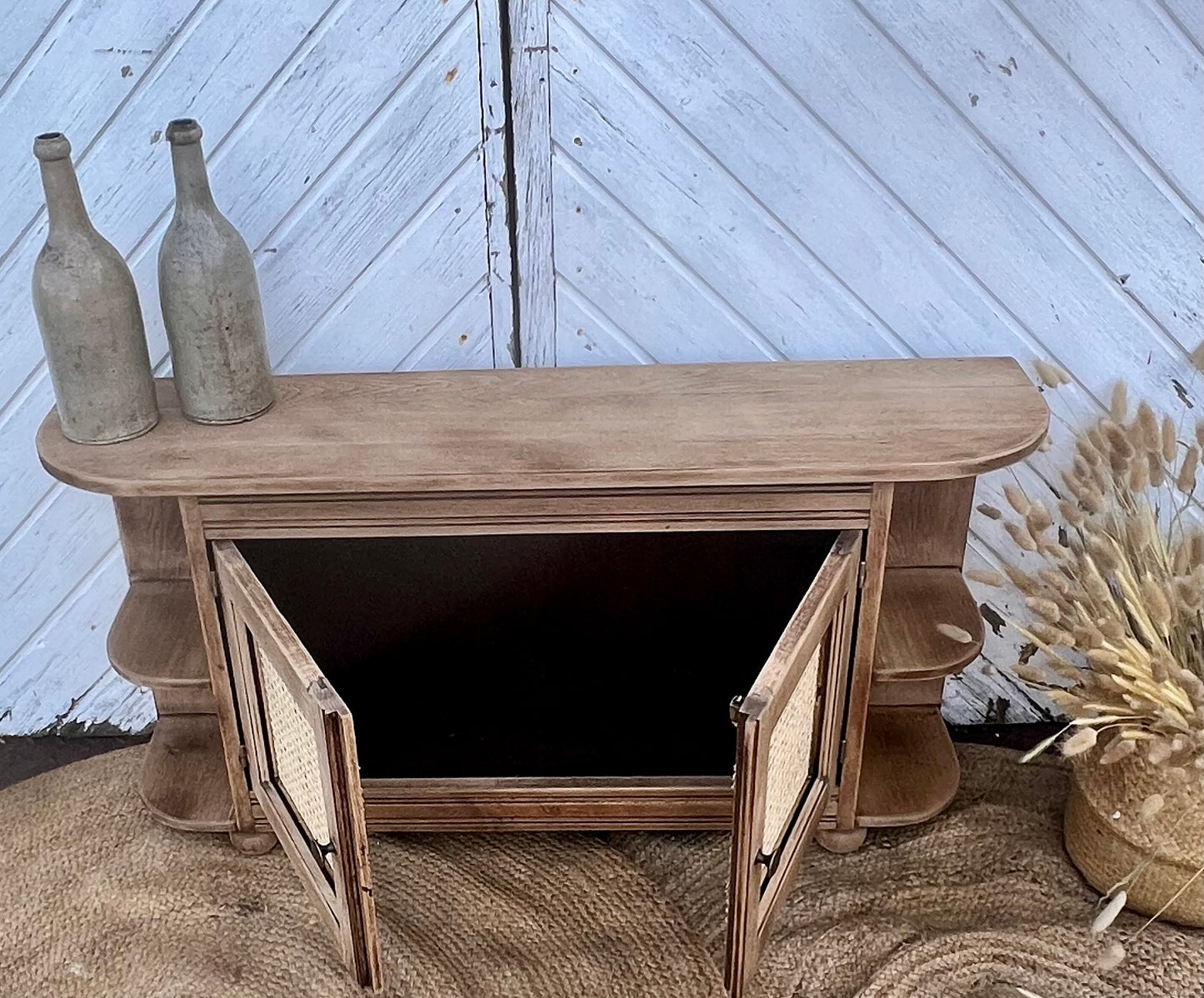 Meuble télé tv ancien en chêne massif brut et cannage