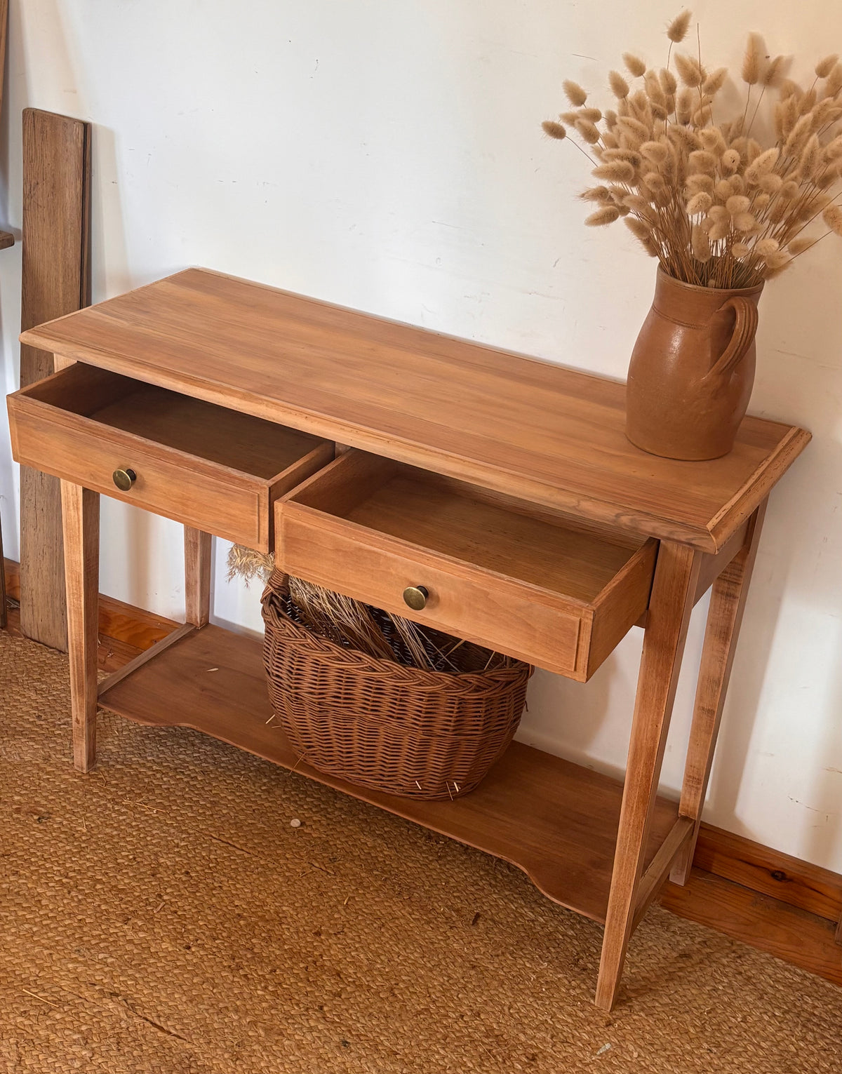 Console ancienne en bois massif brut 2 tiroirs
