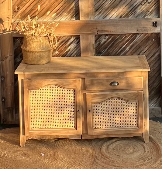 Meuble télé tv ancien en bois brut et cannage