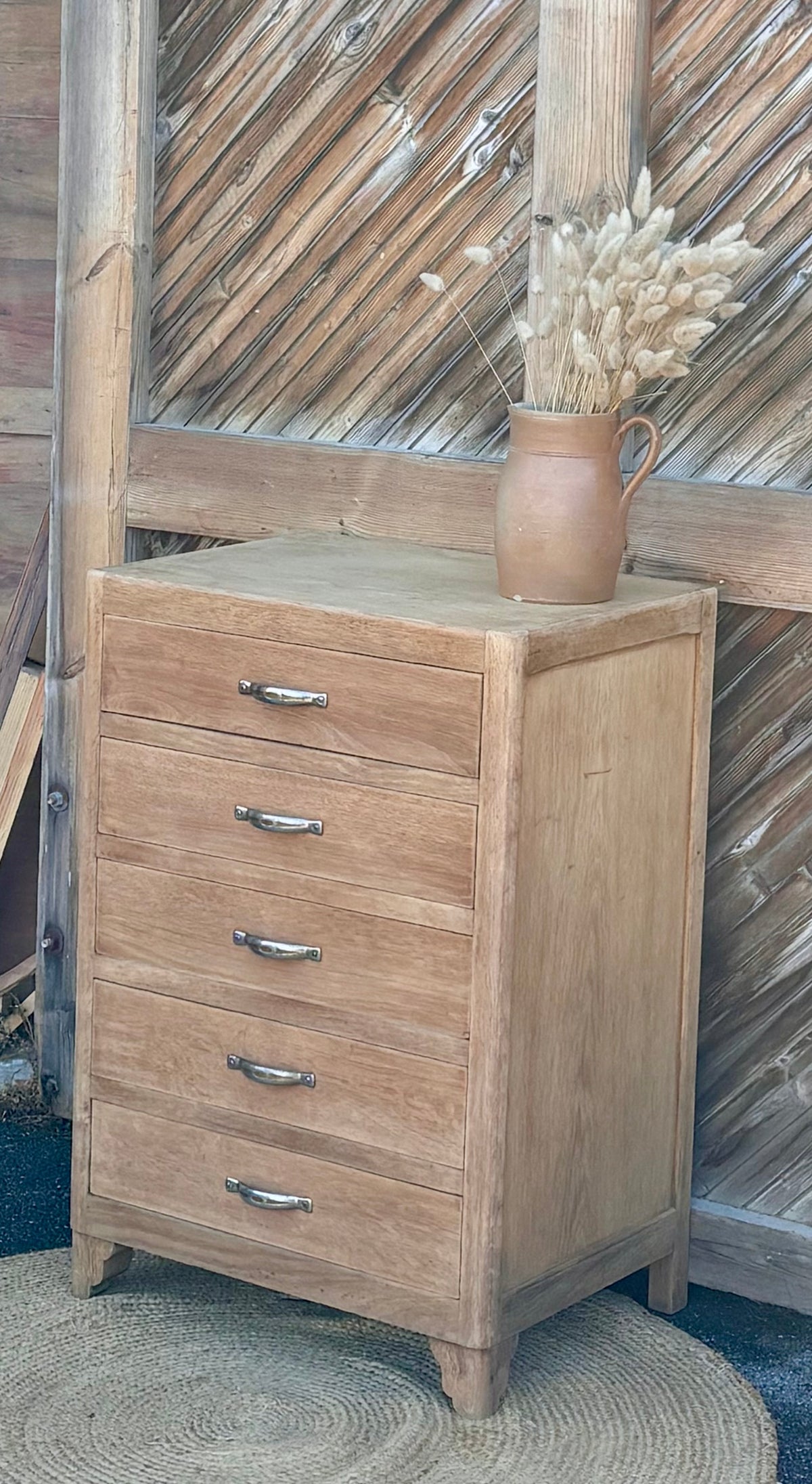 Chiffonnier vintage ancien - années 40 en chêne brut / 5 tiroirs