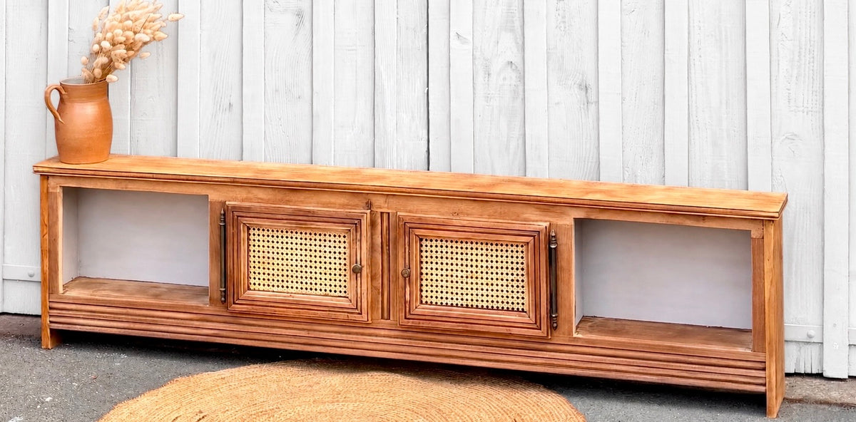 Meuble télé tv enfilade ancien en bois massif brut et cannage