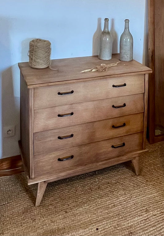 Commode vintage en chêne brut pieds compas - années 50