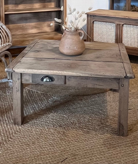 Table basse de ferme ancienne en chêne massif brut 1 tiroir