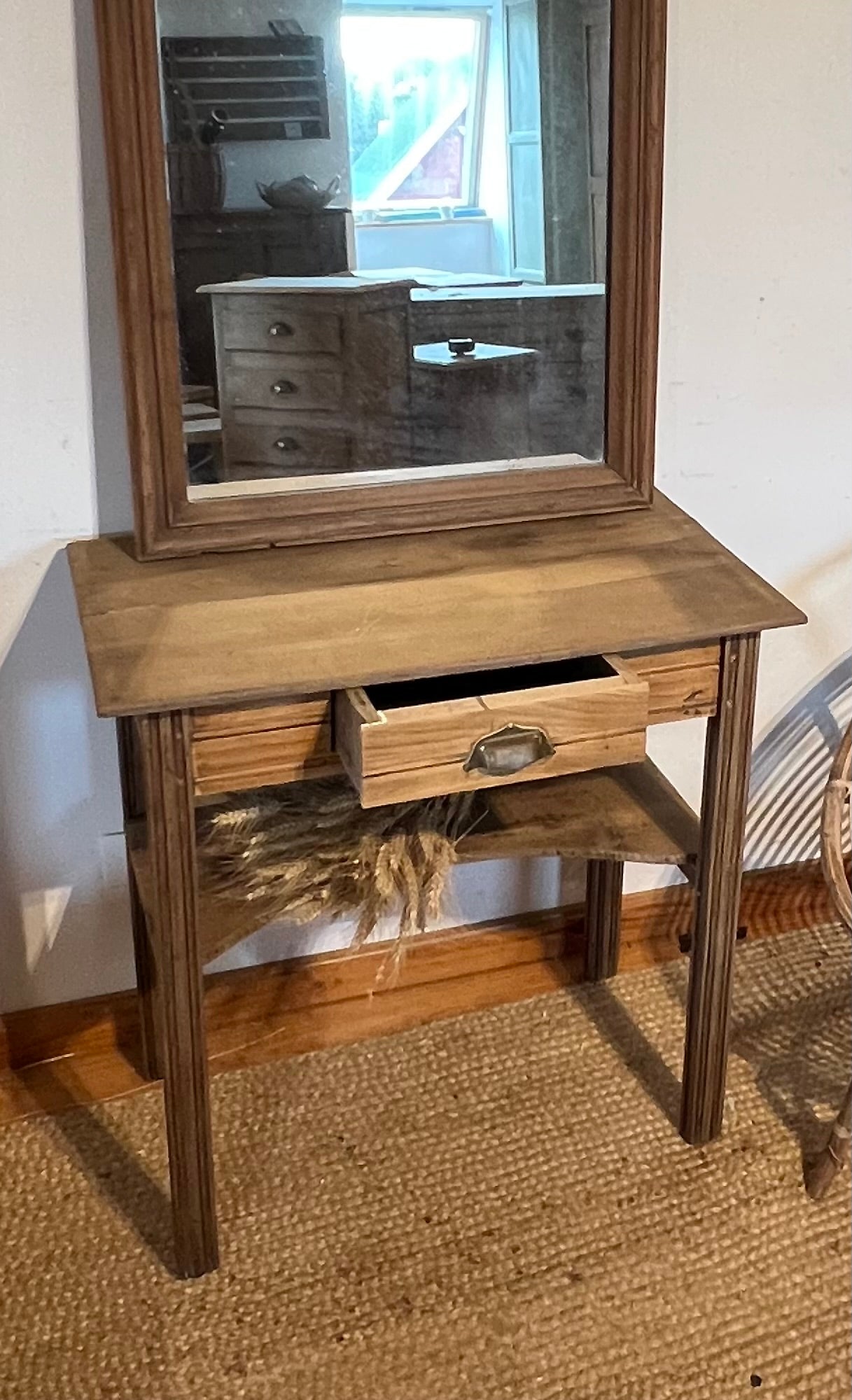 Console coiffeuse ancienne en chêne massif brut 1 tiroir