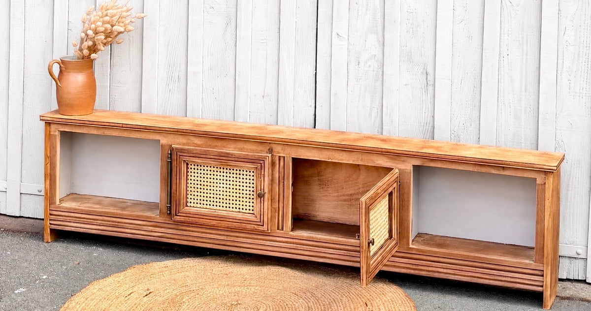 Meuble télé tv enfilade ancien en bois massif brut et cannage