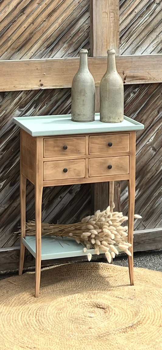 Console ancienne rénovée en bois brut et vert d’eau 4 tiroirs