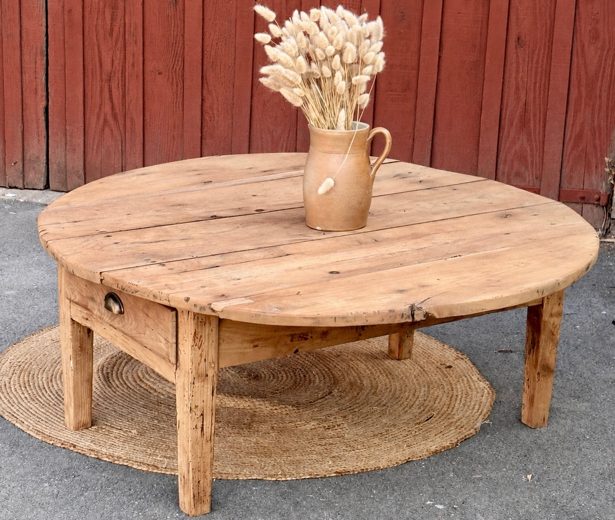 Table basse ronde ancienne 1 tiroir en bois massif brut
