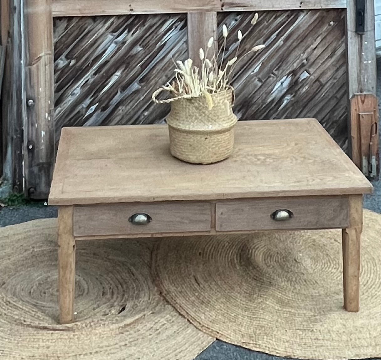Grande table basse de ferme ancienne en chêne massif brut 2 tiroirs
