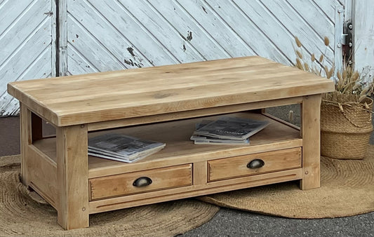Table basse rénovée en chêne massif brut 2 tiroirs traversants esprit campagne chic