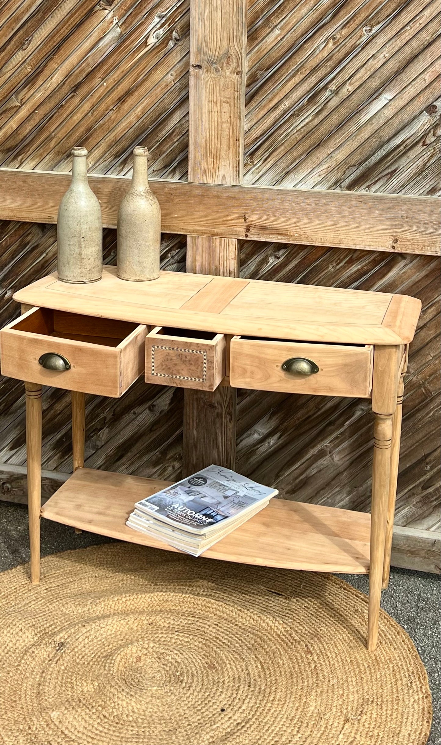 Console ancienne en bois brut : 3 tiroirs