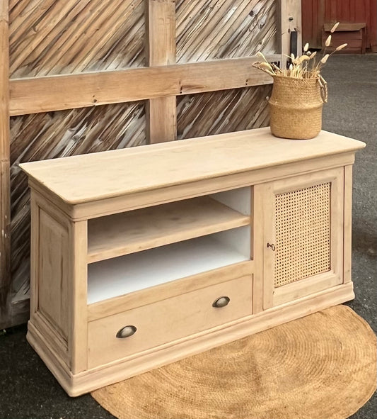 Meuble télé tv rénové en bois brut et cannage