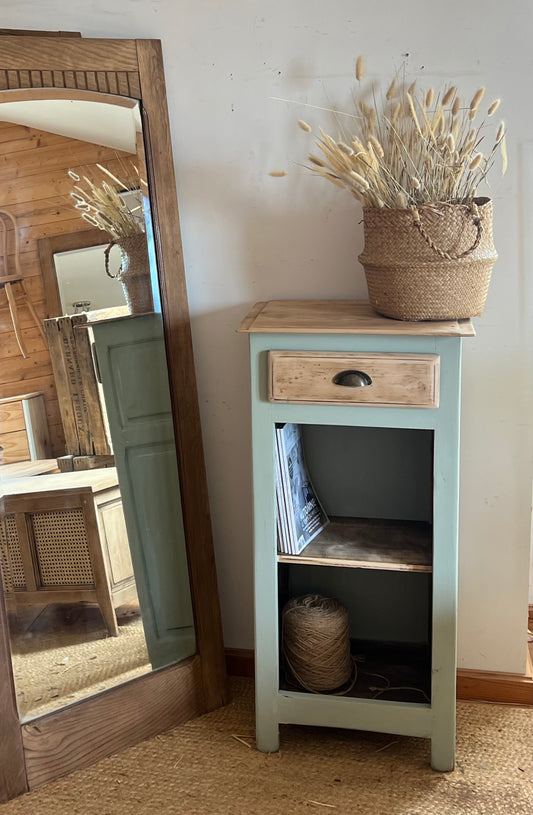 Petit meuble parisien : buffet bibliothèque console en chêne massif brut et vert d’eau