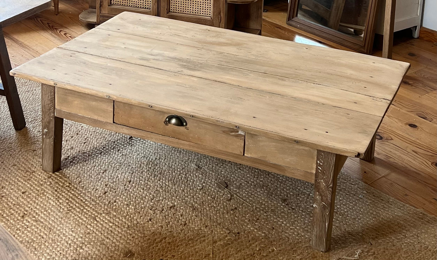 Grande table basse de ferme ancienne en bois massif brut 1 tiroir