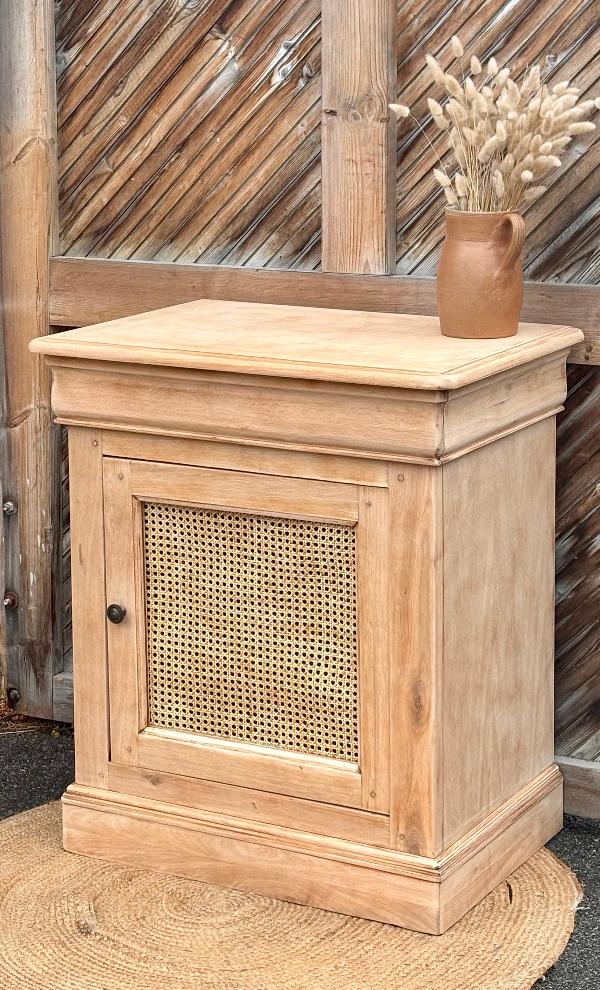 Buffet 1 tiroir 1 porte - meuble vasque - confiturier en chêne brut et cannage