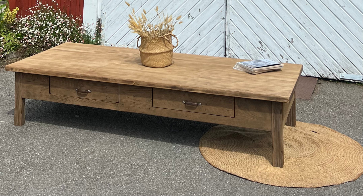 Grande table basse de ferme XXL en chêne massif brut 2 tiroirs